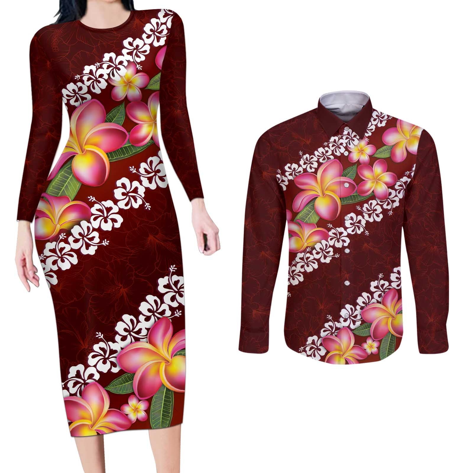 Oxblood Polynesia Couples Matching Long Sleeve Bodycon Dress and Long Sleeve Button Shirt Plumeria With Hibiscus Pattern Tropical Vibes
