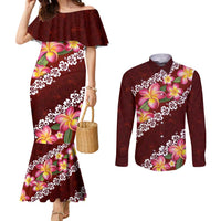 Oxblood Polynesia Couples Matching Mermaid Dress and Long Sleeve Button Shirt Plumeria With Hibiscus Pattern Tropical Vibes