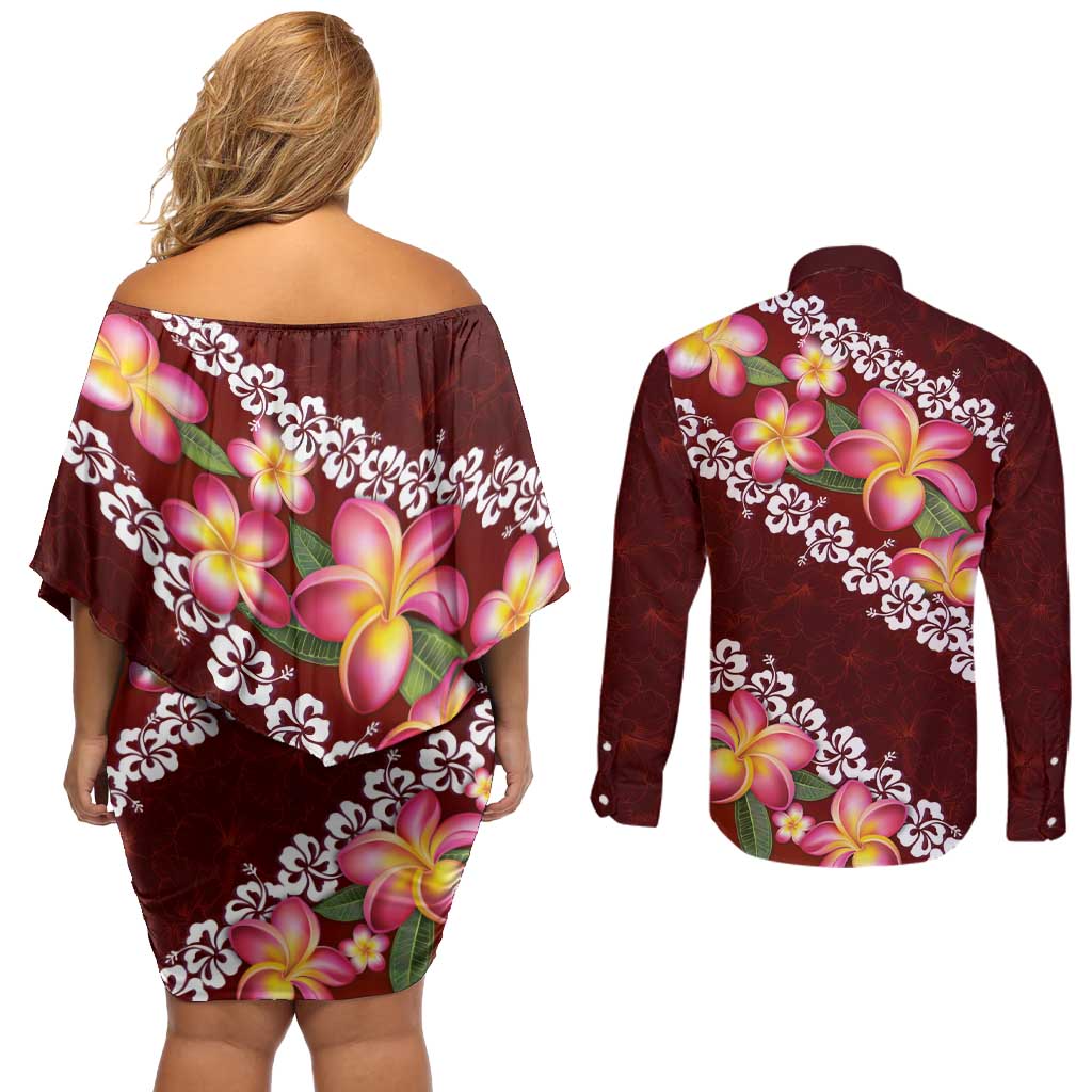 Oxblood Polynesia Couples Matching Off Shoulder Short Dress and Long Sleeve Button Shirt Plumeria With Hibiscus Pattern Tropical Vibes