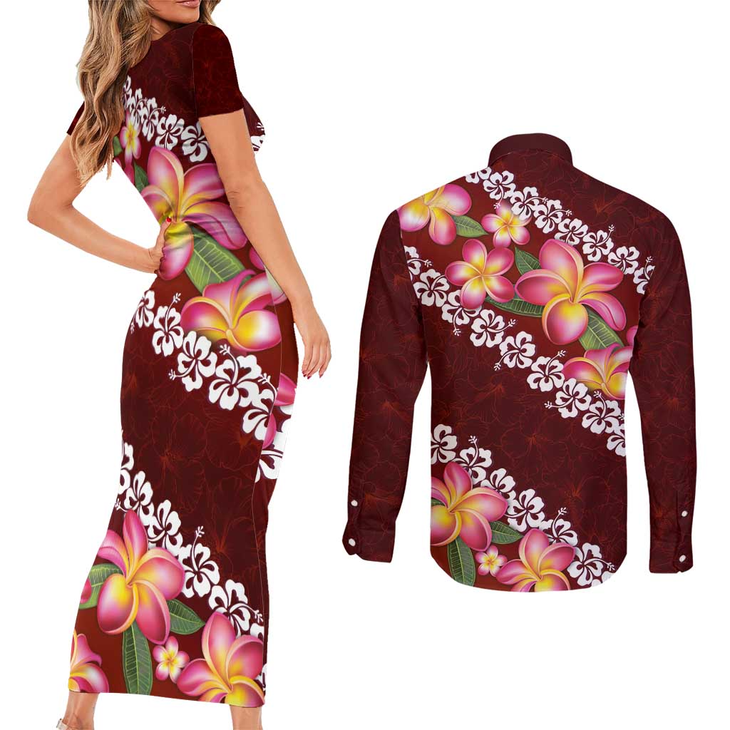 Oxblood Polynesia Couples Matching Short Sleeve Bodycon Dress and Long Sleeve Button Shirt Plumeria With Hibiscus Pattern Tropical Vibes