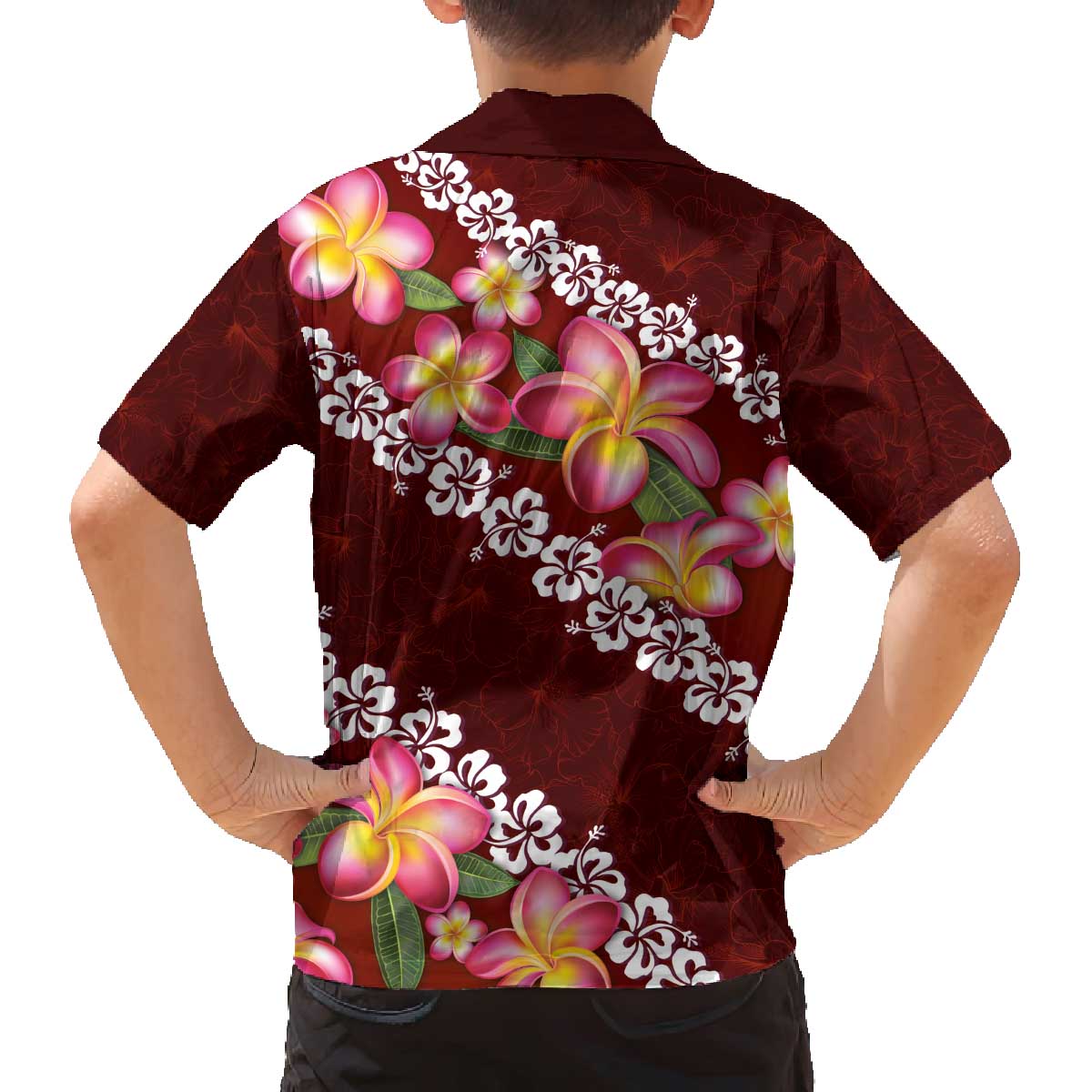 Oxblood Polynesia Family Matching Off The Shoulder Long Sleeve Dress and Hawaiian Shirt Plumeria With Hibiscus Pattern Tropical Vibes LT14 - Polynesian Pride