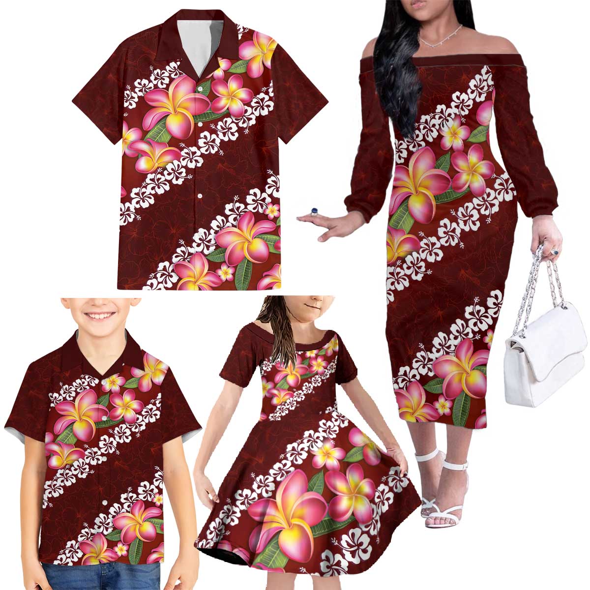 Oxblood Polynesia Family Matching Off The Shoulder Long Sleeve Dress and Hawaiian Shirt Plumeria With Hibiscus Pattern Tropical Vibes LT14 - Polynesian Pride