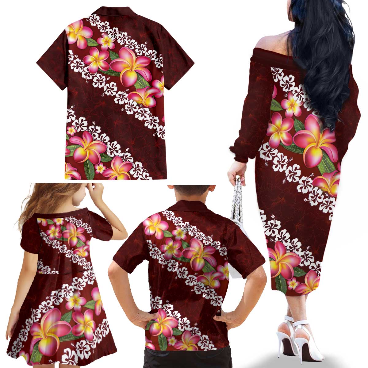 Oxblood Polynesia Family Matching Off The Shoulder Long Sleeve Dress and Hawaiian Shirt Plumeria With Hibiscus Pattern Tropical Vibes LT14 - Polynesian Pride