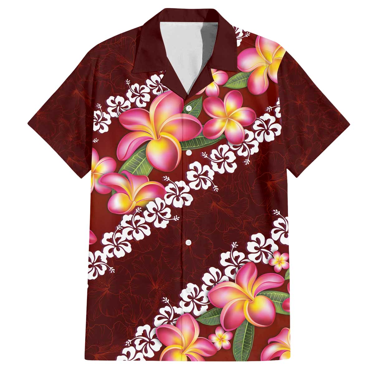 Oxblood Polynesia Family Matching Off The Shoulder Long Sleeve Dress and Hawaiian Shirt Plumeria With Hibiscus Pattern Tropical Vibes LT14 Dad's Shirt - Short Sleeve Oxblood - Polynesian Pride
