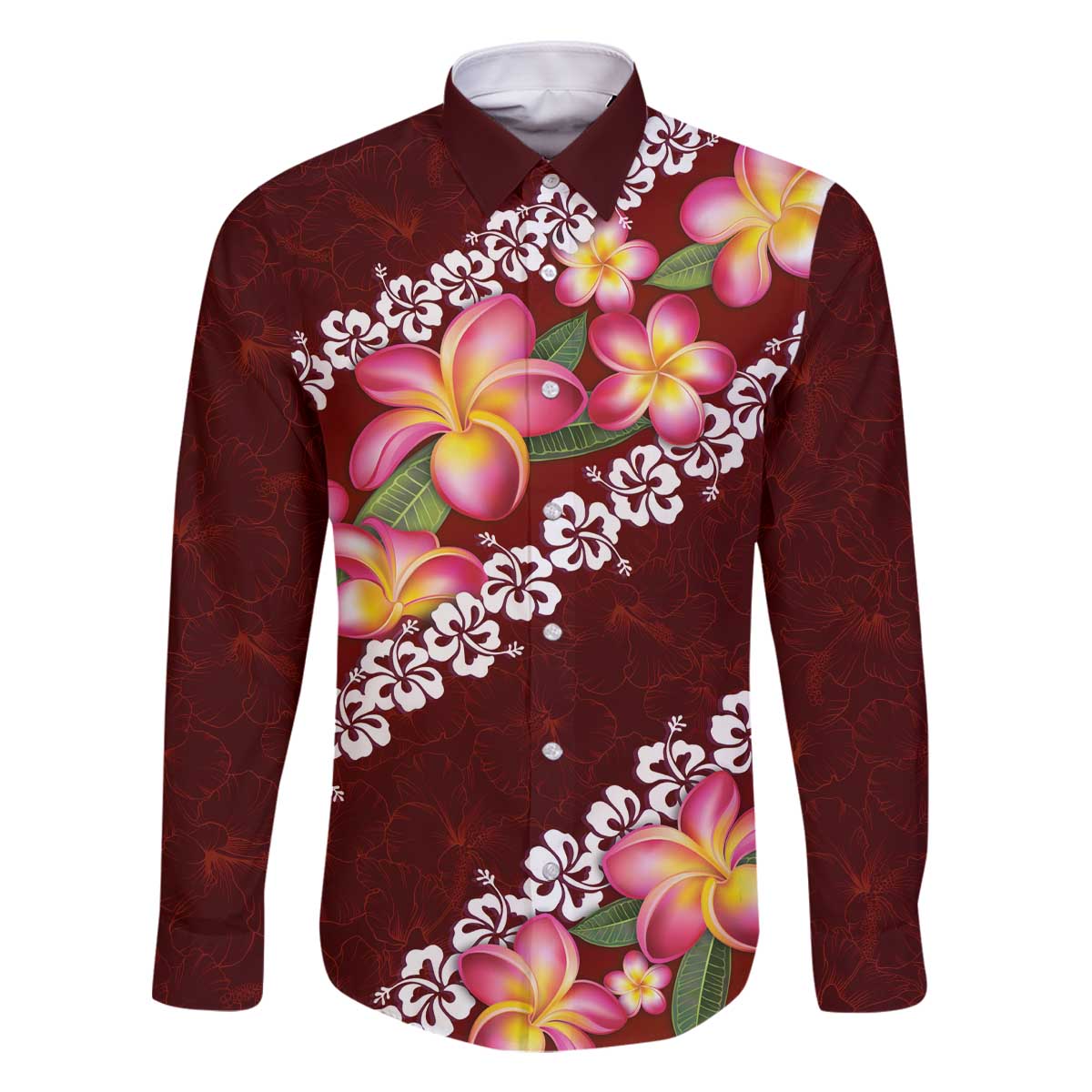 Oxblood Polynesia Family Matching Off The Shoulder Long Sleeve Dress and Hawaiian Shirt Plumeria With Hibiscus Pattern Tropical Vibes LT14 Dad's Shirt - Long Sleeve Oxblood - Polynesian Pride