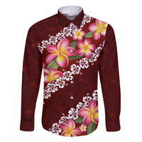 Oxblood Polynesia Family Matching Off The Shoulder Long Sleeve Dress and Hawaiian Shirt Plumeria With Hibiscus Pattern Tropical Vibes LT14 Dad's Shirt - Long Sleeve Oxblood - Polynesian Pride
