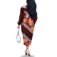 Oxblood Polynesia Family Matching Off The Shoulder Long Sleeve Dress and Hawaiian Shirt Plumeria With Hibiscus Pattern Tropical Vibes LT14 - Polynesian Pride
