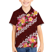 Oxblood Polynesia Family Matching Off The Shoulder Long Sleeve Dress and Hawaiian Shirt Plumeria With Hibiscus Pattern Tropical Vibes LT14 Son's Shirt Oxblood - Polynesian Pride