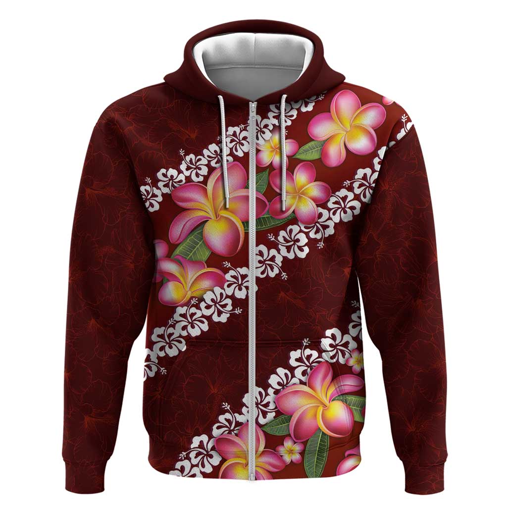 Oxblood Polynesia Hoodie Plumeria With Hibiscus Pattern Tropical Vibes