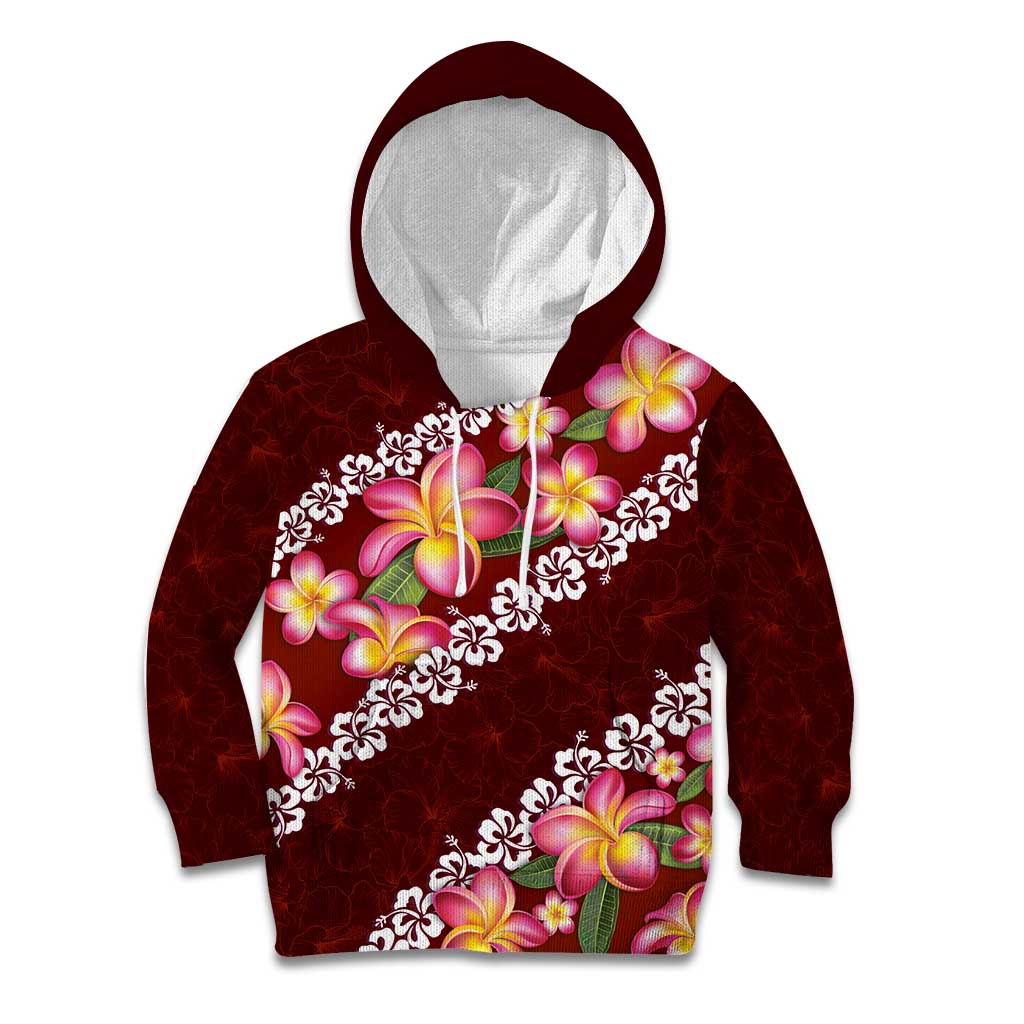 Oxblood Polynesia Kid Hoodie Plumeria With Hibiscus Pattern Tropical Vibes LT14 Hoodie Oxblood - Polynesian Pride