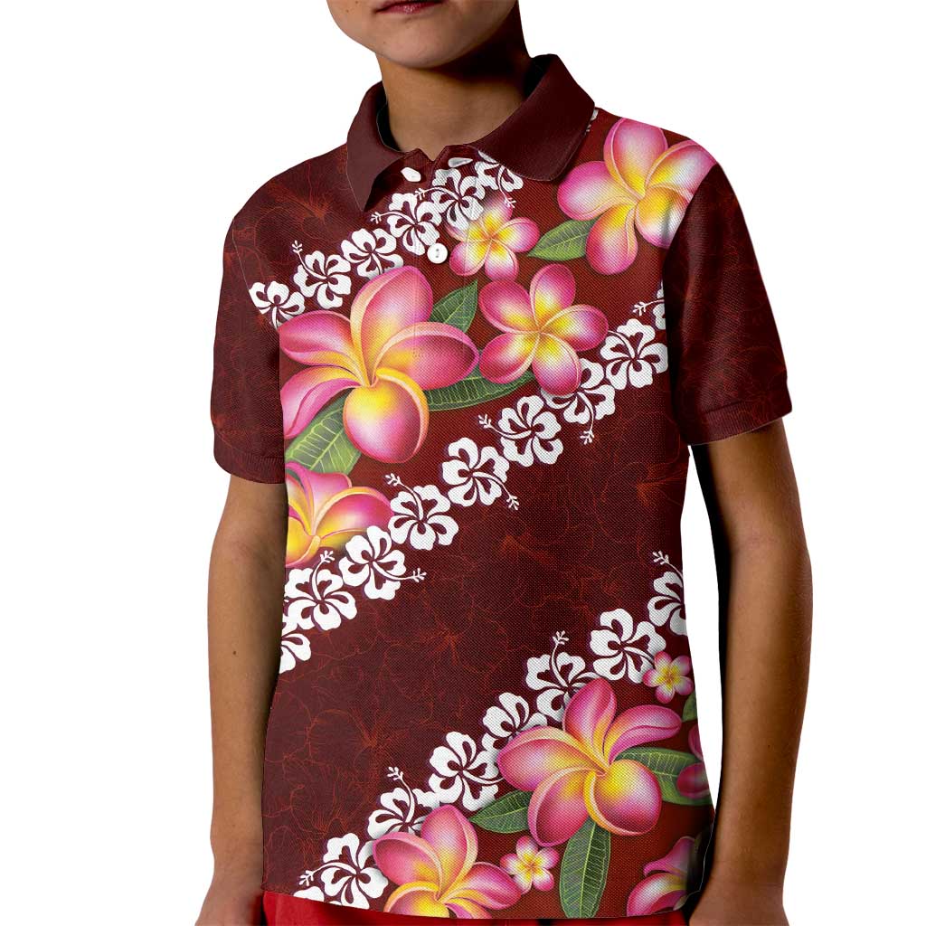 Oxblood Polynesia Kid Polo Shirt Plumeria With Hibiscus Pattern Tropical Vibes
