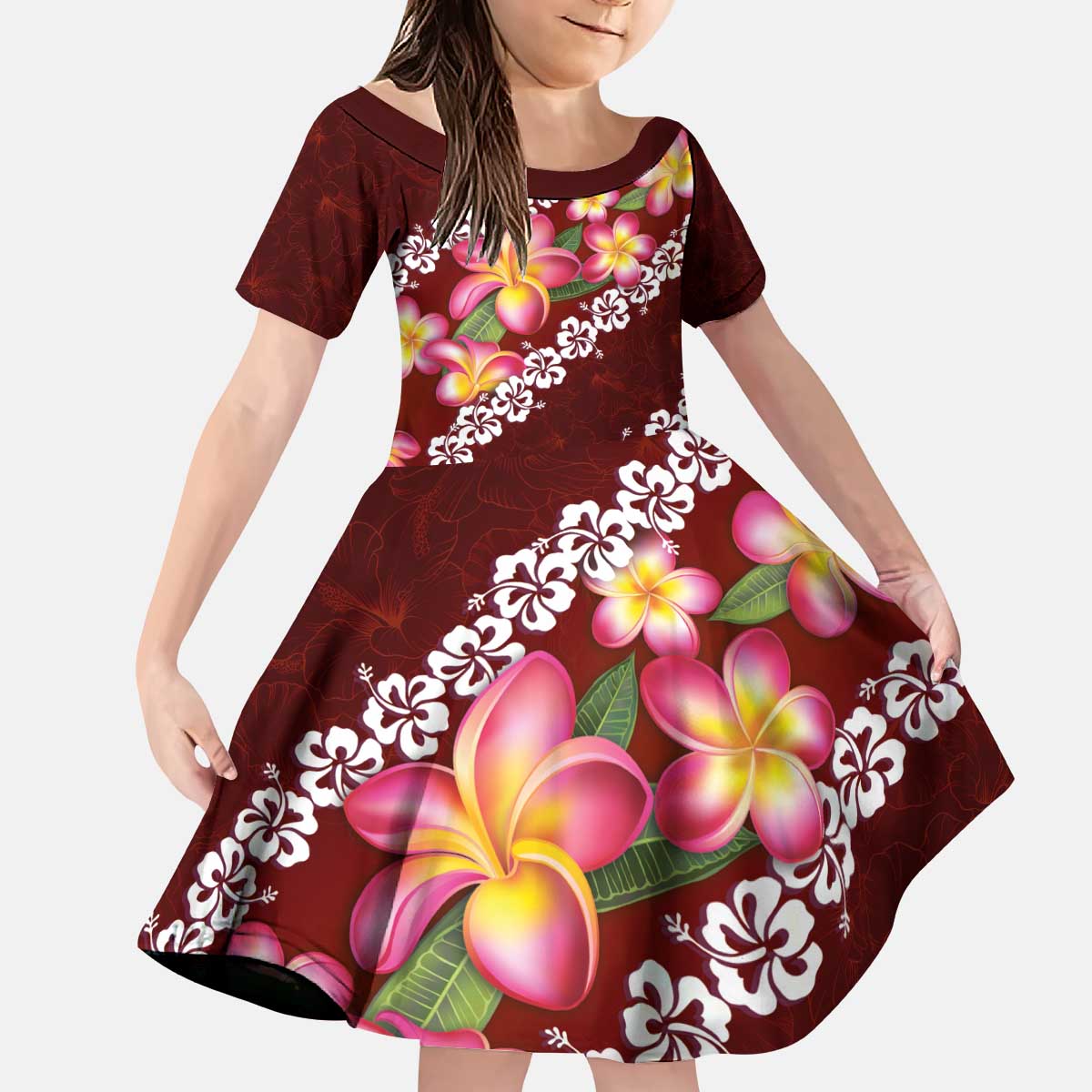 Oxblood Polynesia Kid Short Sleeve Dress Plumeria With Hibiscus Pattern Tropical Vibes LT14 KID Oxblood - Polynesian Pride