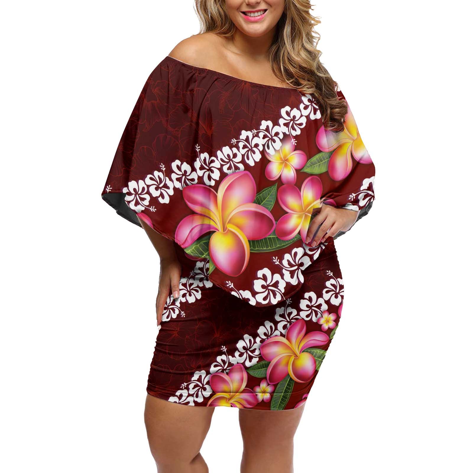 Oxblood Polynesia Off Shoulder Short Dress Plumeria With Hibiscus Pattern Tropical Vibes