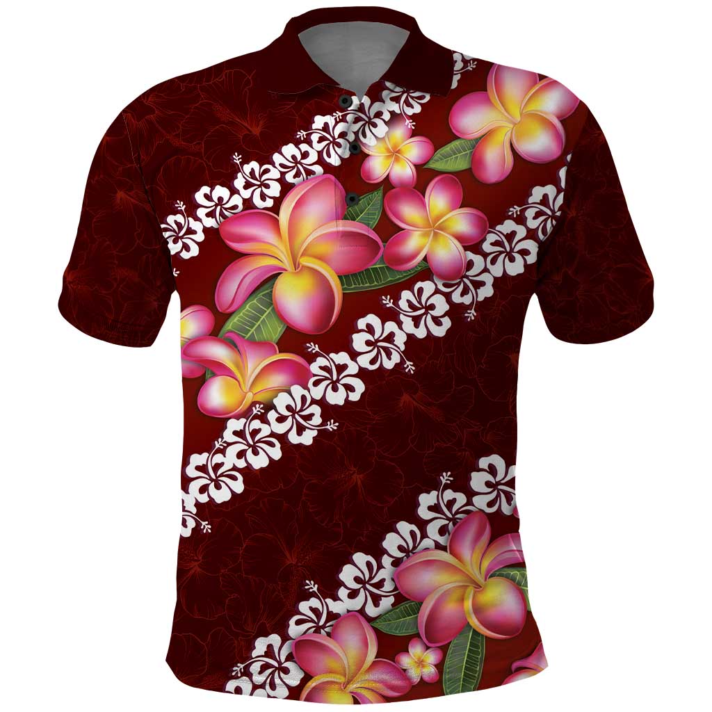 Oxblood Polynesia Polo Shirt Plumeria With Hibiscus Pattern Tropical Vibes