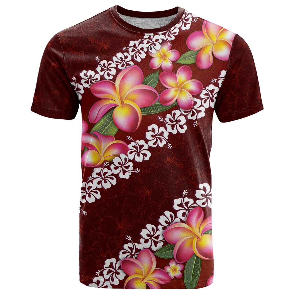 Oxblood Polynesia T Shirt Plumeria With Hibiscus Pattern Tropical Vibes