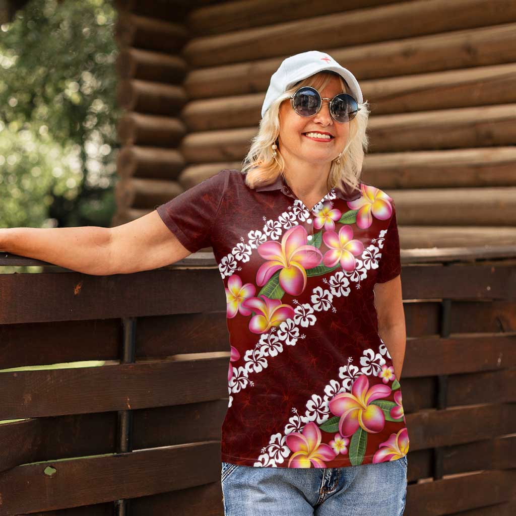 Oxblood Polynesia Women Polo Shirt Plumeria With Hibiscus Pattern Tropical Vibes