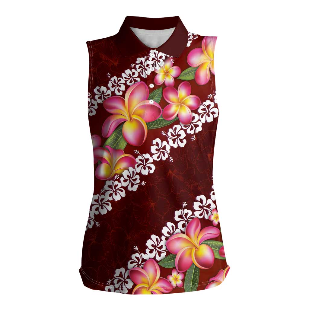 Oxblood Polynesia Women Sleeveless Polo Shirt Plumeria With Hibiscus Pattern Tropical Vibes