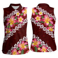 Oxblood Polynesia Women Sleeveless Polo Shirt Plumeria With Hibiscus Pattern Tropical Vibes