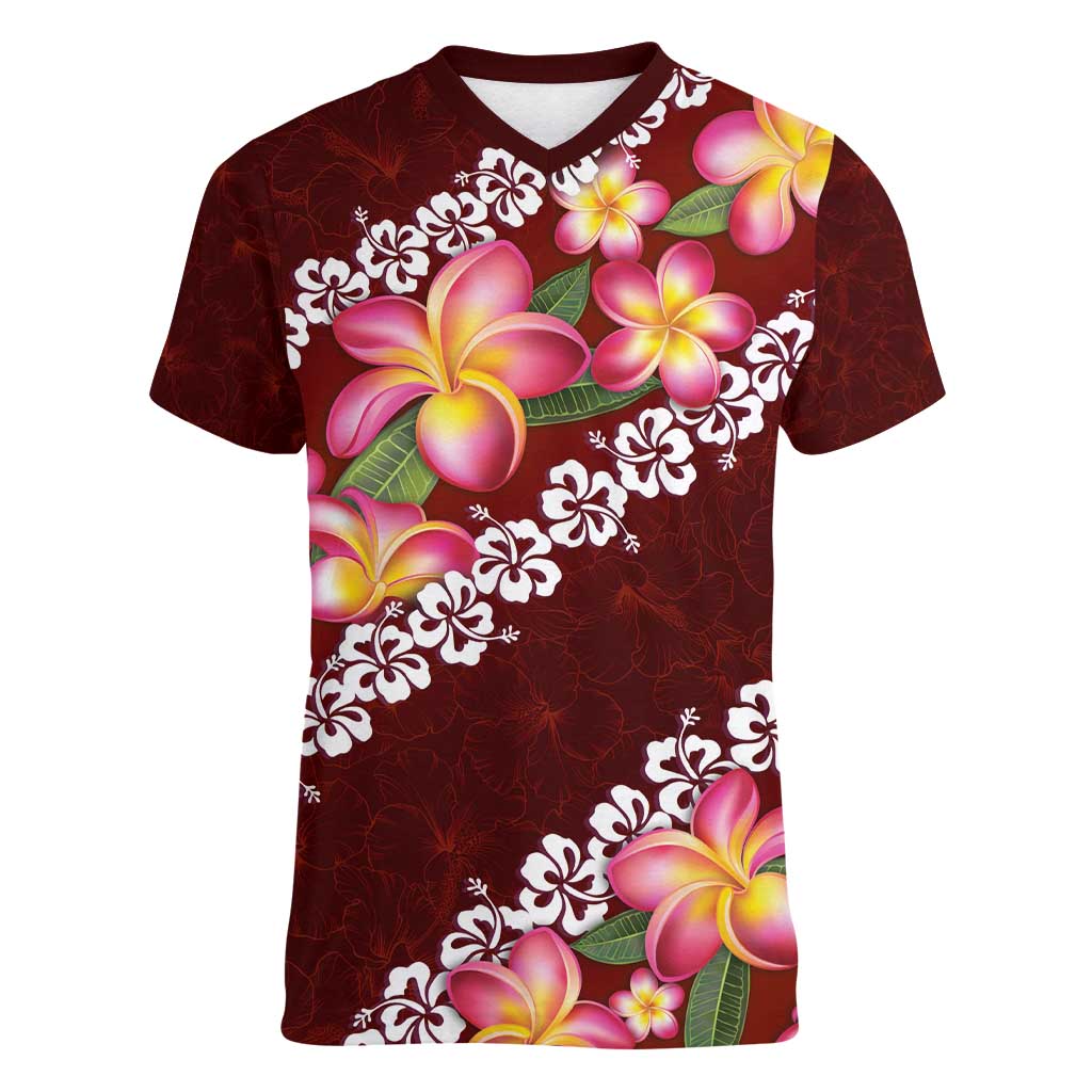 Oxblood Polynesia Women V-Neck T-Shirt Plumeria With Hibiscus Pattern Tropical Vibes