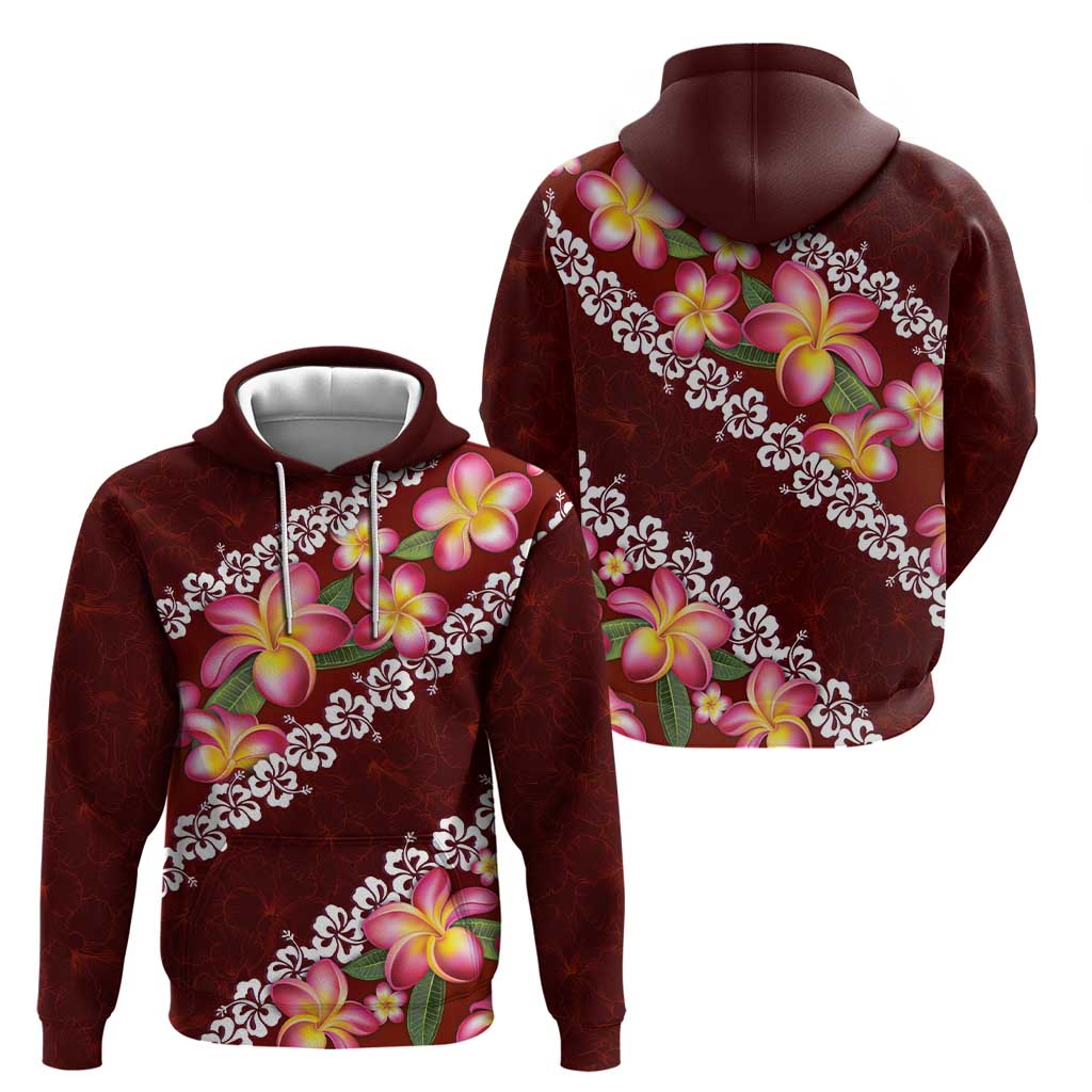 Oxblood Polynesia Zip Hoodie Plumeria With Hibiscus Pattern Tropical Vibes