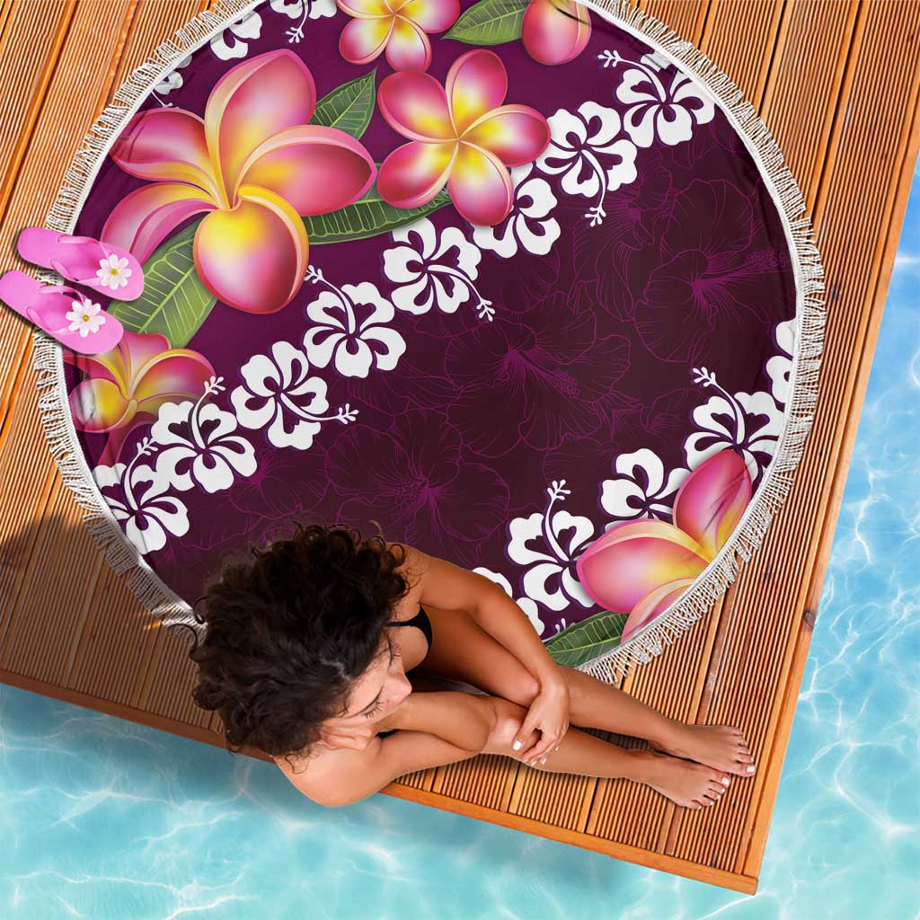 Pink Polynesia Beach Blanket Plumeria With Hibiscus Pattern Tropical Vibes