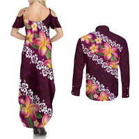 Pink Polynesia Couples Matching Summer Maxi Dress and Long Sleeve Button Shirt Plumeria With Hibiscus Pattern Tropical Vibes