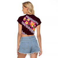 Pink Polynesia Raglan Cropped T Shirt Plumeria With Hibiscus Pattern Tropical Vibes