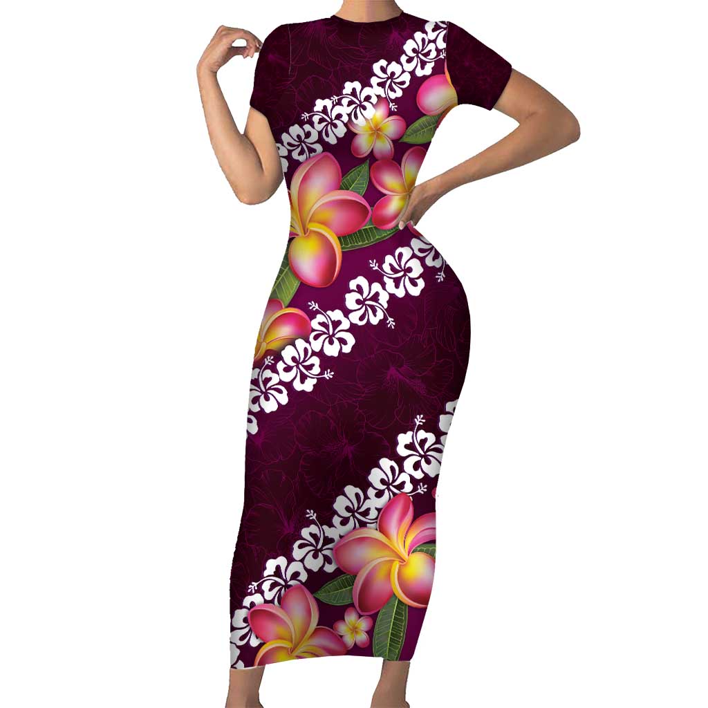 Pink Polynesia Short Sleeve Bodycon Dress Plumeria With Hibiscus Pattern Tropical Vibes LT14 Long Dress Pink - Polynesian Pride