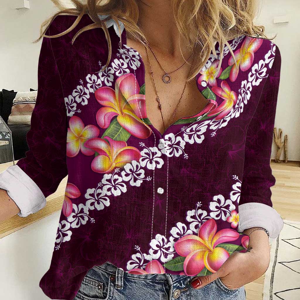 Pink Polynesia Women Casual Shirt Plumeria With Hibiscus Pattern Tropical Vibes LT14 Female Pink - Polynesian Pride