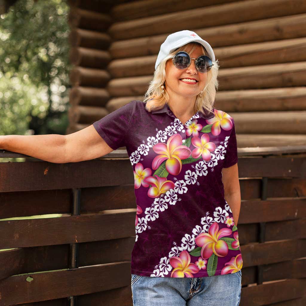 Pink Polynesia Women Polo Shirt Plumeria With Hibiscus Pattern Tropical Vibes