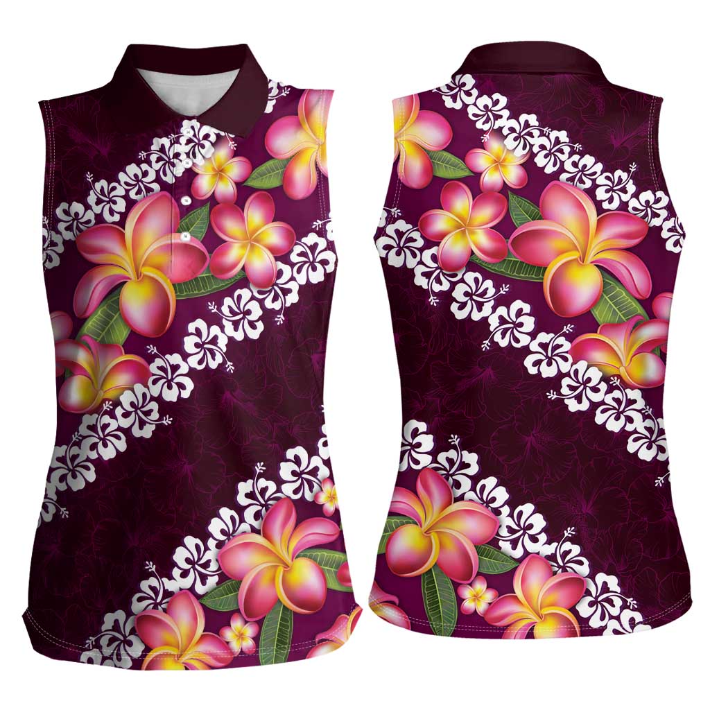 Pink Polynesia Women Sleeveless Polo Shirt Plumeria With Hibiscus Pattern Tropical Vibes