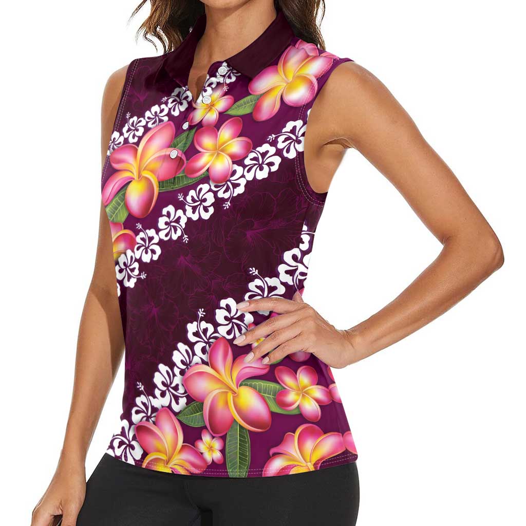 Pink Polynesia Women Sleeveless Polo Shirt Plumeria With Hibiscus Pattern Tropical Vibes