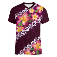 Pink Polynesia Women V-Neck T-Shirt Plumeria With Hibiscus Pattern Tropical Vibes