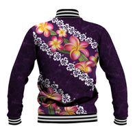 Purple Polynesia Baseball Jacket Plumeria With Hibiscus Pattern Tropical Vibes