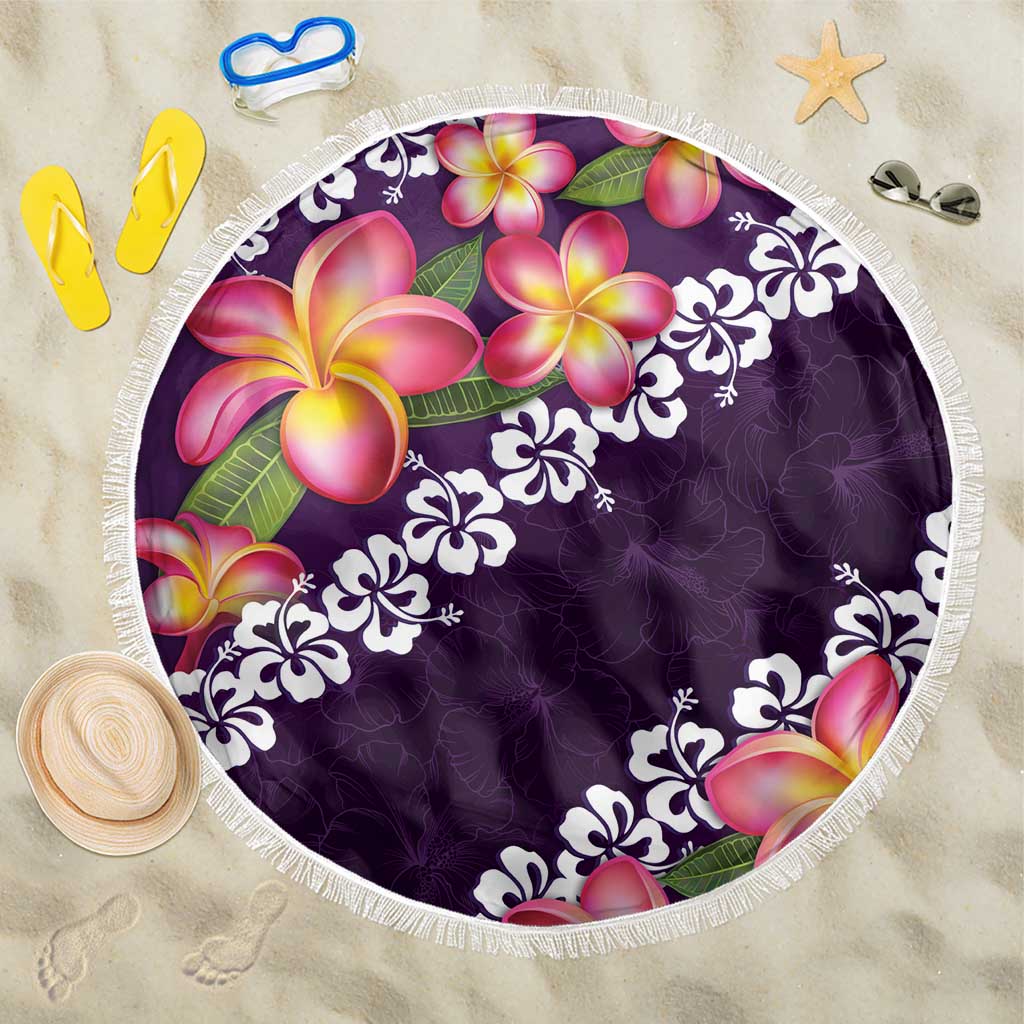 Purple Polynesia Beach Blanket Plumeria With Hibiscus Pattern Tropical Vibes LT14 One Size 150cm Purple - Polynesian Pride