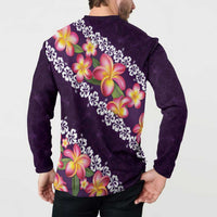 Purple Polynesia Button Sweatshirt Plumeria With Hibiscus Pattern Tropical Vibes