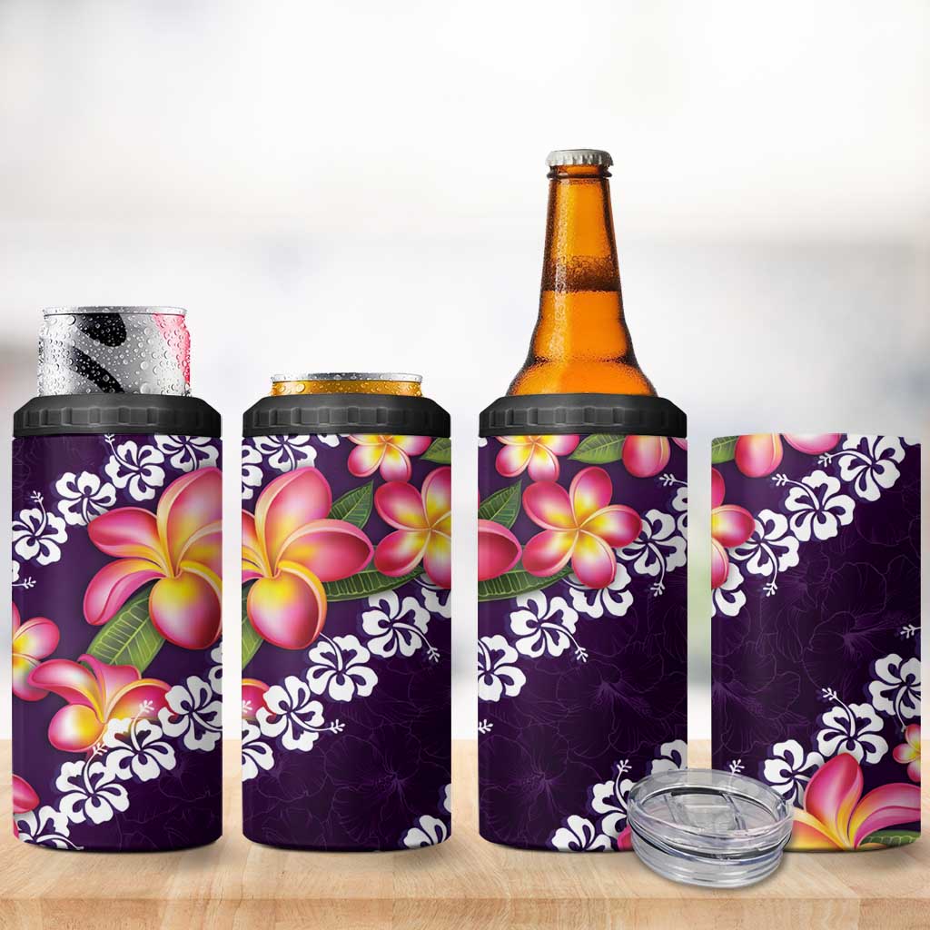 Purple Polynesia 4 in 1 Can Cooler Tumbler Plumeria With Hibiscus Pattern Tropical Vibes LT14 - Polynesian Pride