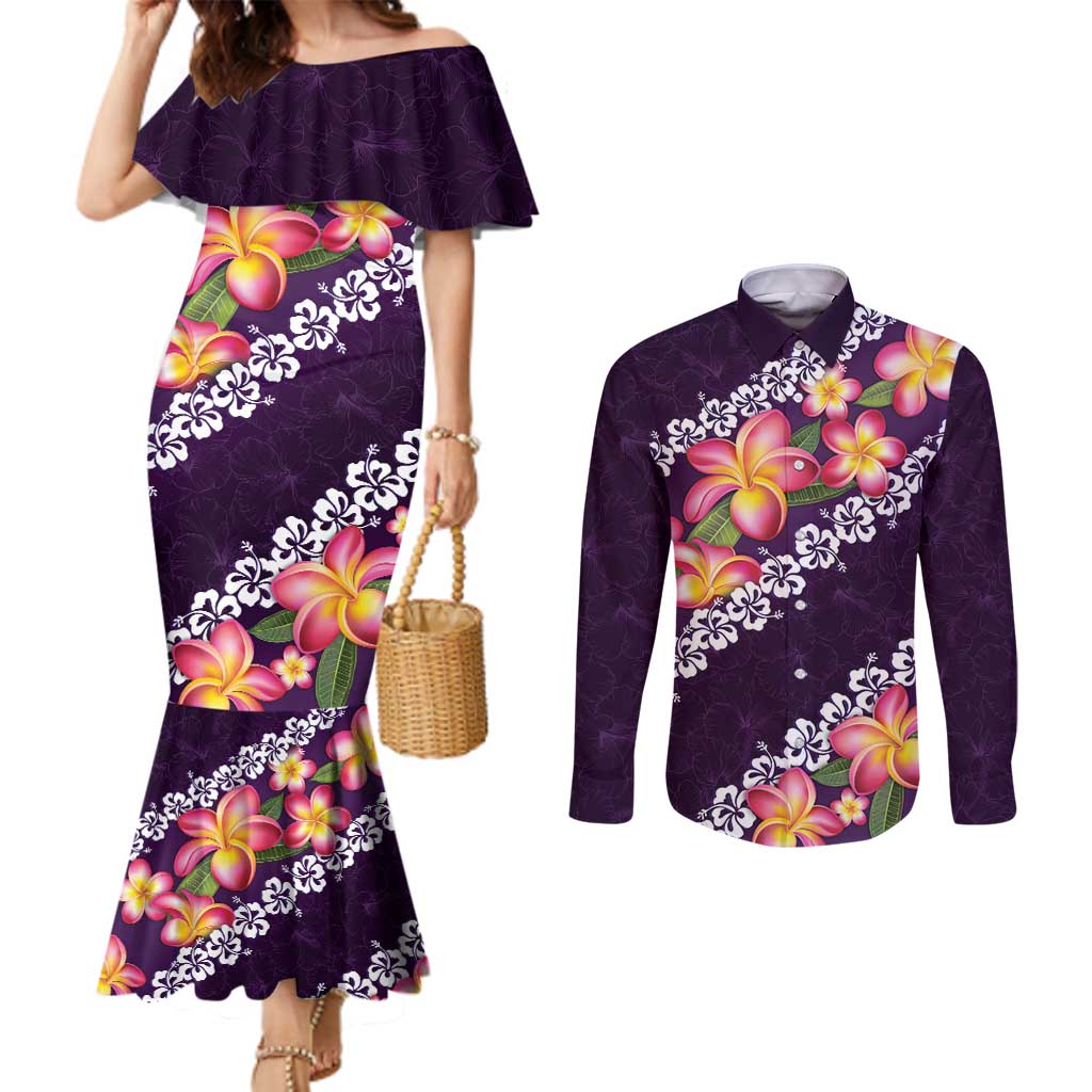 Purple Polynesia Couples Matching Mermaid Dress and Long Sleeve Button Shirt Plumeria With Hibiscus Pattern Tropical Vibes