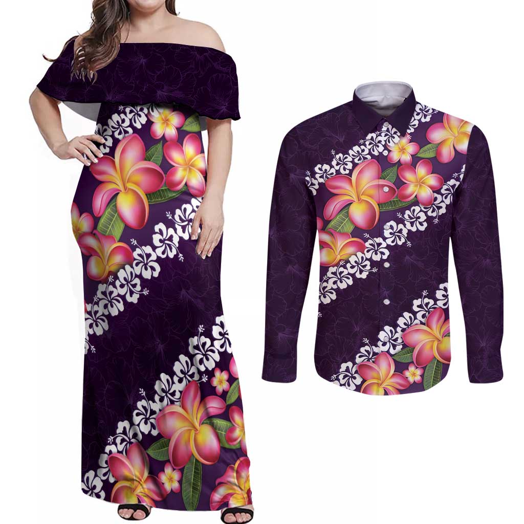 Purple Polynesia Couples Matching Off Shoulder Maxi Dress and Long Sleeve Button Shirt Plumeria With Hibiscus Pattern Tropical Vibes