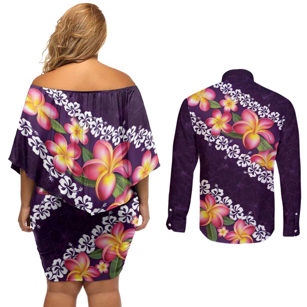 Purple Polynesia Couples Matching Off Shoulder Short Dress and Long Sleeve Button Shirt Plumeria With Hibiscus Pattern Tropical Vibes