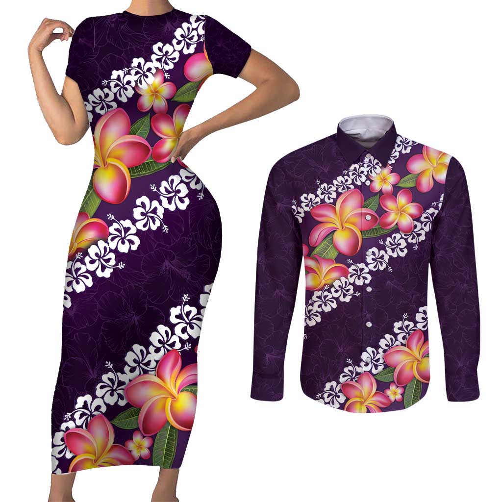 Purple Polynesia Couples Matching Short Sleeve Bodycon Dress and Long Sleeve Button Shirt Plumeria With Hibiscus Pattern Tropical Vibes