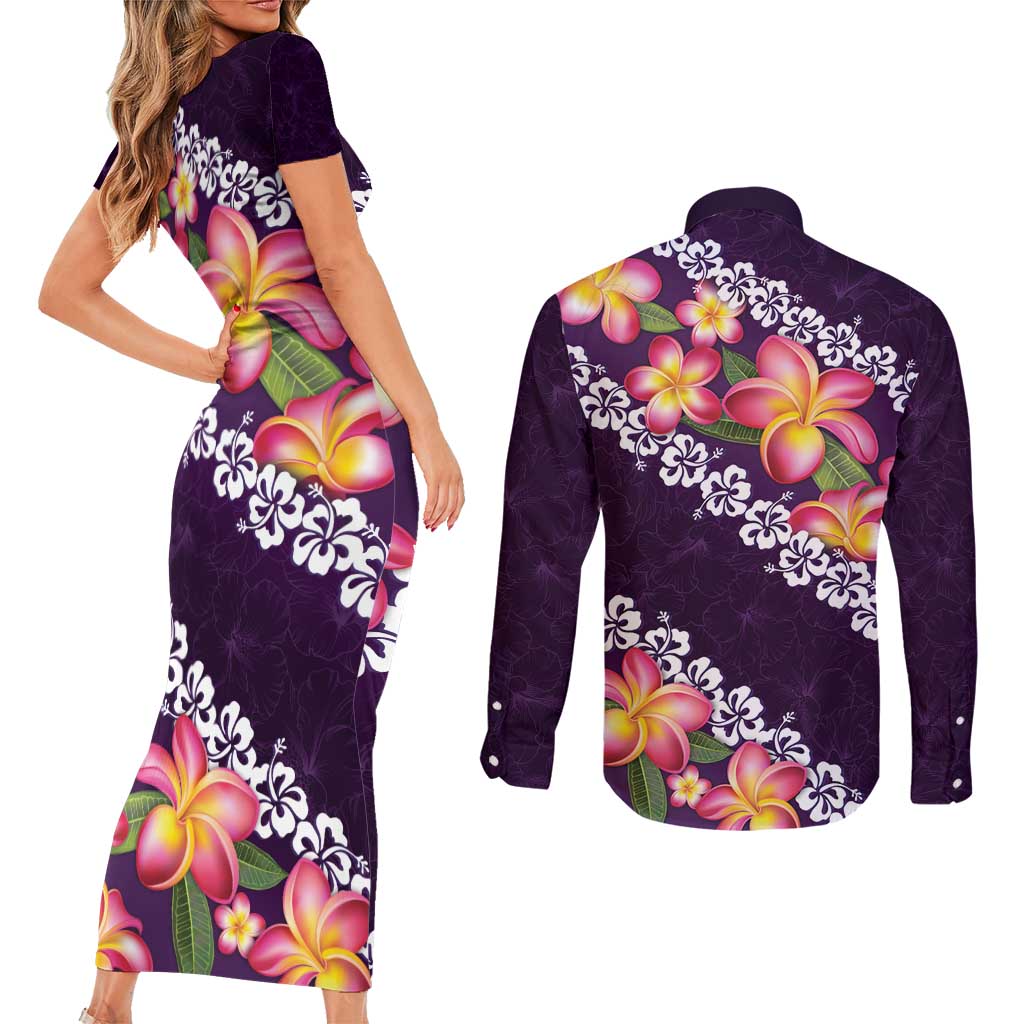 Purple Polynesia Couples Matching Short Sleeve Bodycon Dress and Long Sleeve Button Shirt Plumeria With Hibiscus Pattern Tropical Vibes