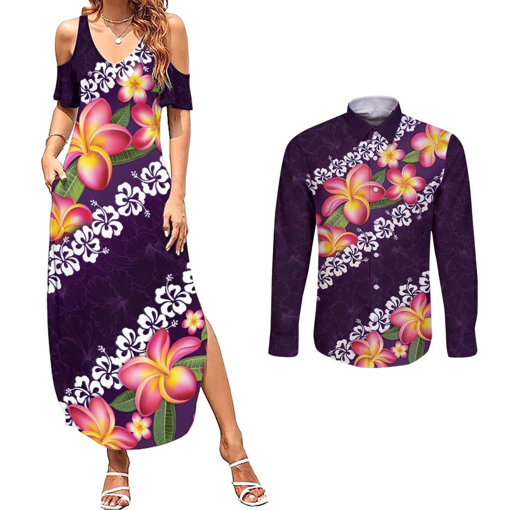 Purple Polynesia Couples Matching Summer Maxi Dress and Long Sleeve Button Shirt Plumeria With Hibiscus Pattern Tropical Vibes
