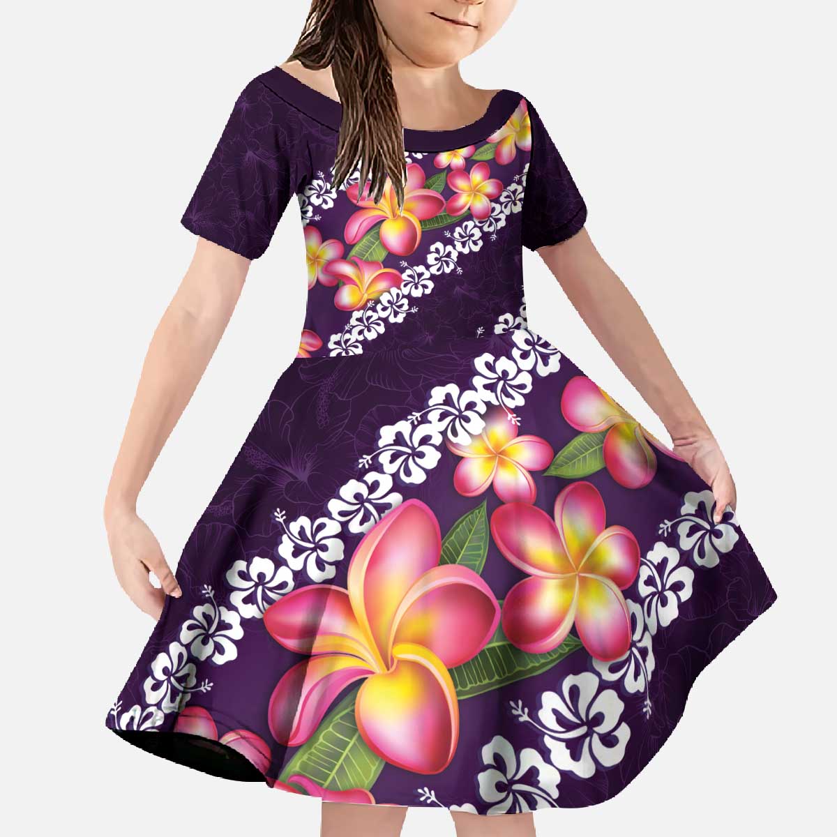 Purple Polynesia Family Matching Off The Shoulder Long Sleeve Dress and Hawaiian Shirt Plumeria With Hibiscus Pattern Tropical Vibes LT14 Daughter's Dress Purple - Polynesian Pride