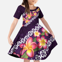 Purple Polynesia Family Matching Off The Shoulder Long Sleeve Dress and Hawaiian Shirt Plumeria With Hibiscus Pattern Tropical Vibes LT14 Daughter's Dress Purple - Polynesian Pride