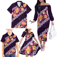Purple Polynesia Family Matching Off The Shoulder Long Sleeve Dress and Hawaiian Shirt Plumeria With Hibiscus Pattern Tropical Vibes LT14 - Polynesian Pride