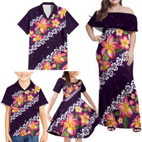 Purple Polynesia Family Matching Off Shoulder Maxi Dress and Hawaiian Shirt Plumeria With Hibiscus Pattern Tropical Vibes