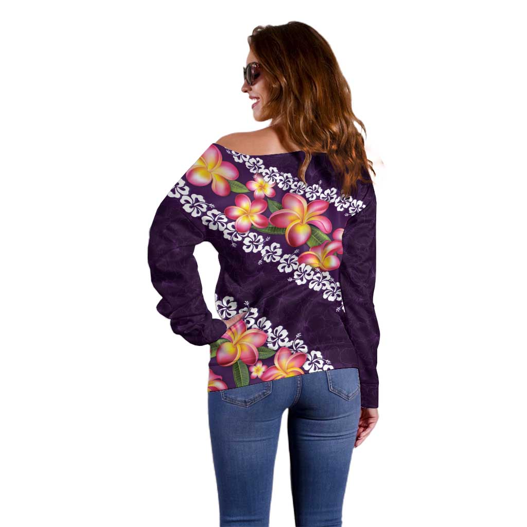 Purple Polynesia Off Shoulder Sweater Plumeria With Hibiscus Pattern Tropical Vibes LT14 - Polynesian Pride