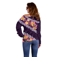 Purple Polynesia Off Shoulder Sweater Plumeria With Hibiscus Pattern Tropical Vibes LT14 - Polynesian Pride