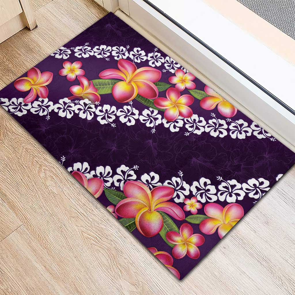 Purple Polynesia Rubber Doormat Plumeria With Hibiscus Pattern Tropical Vibes